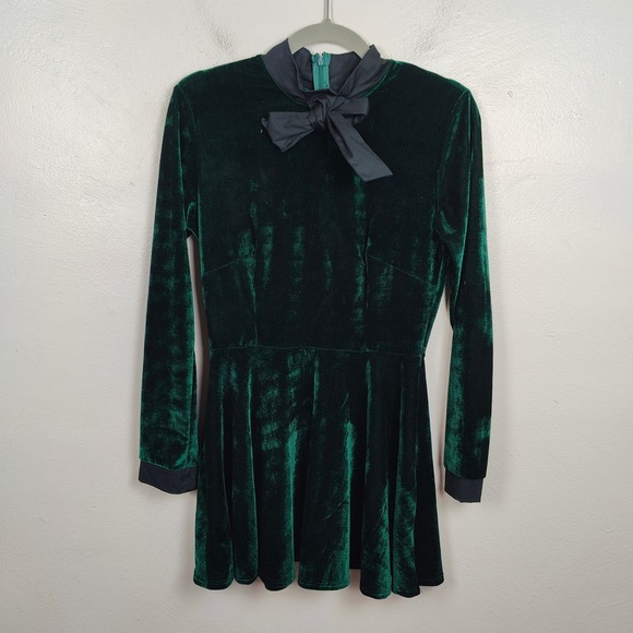 Valfre Velvet Bow Collar Mini Dress Womens Small Dark Green Long Sleeve Party - Picture 2 of 7